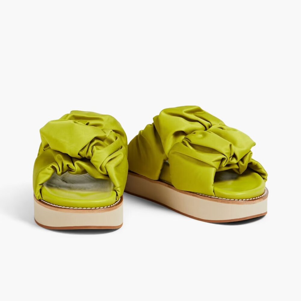 GANNI Ruched Satin Platform Sandals in Lime Green 37